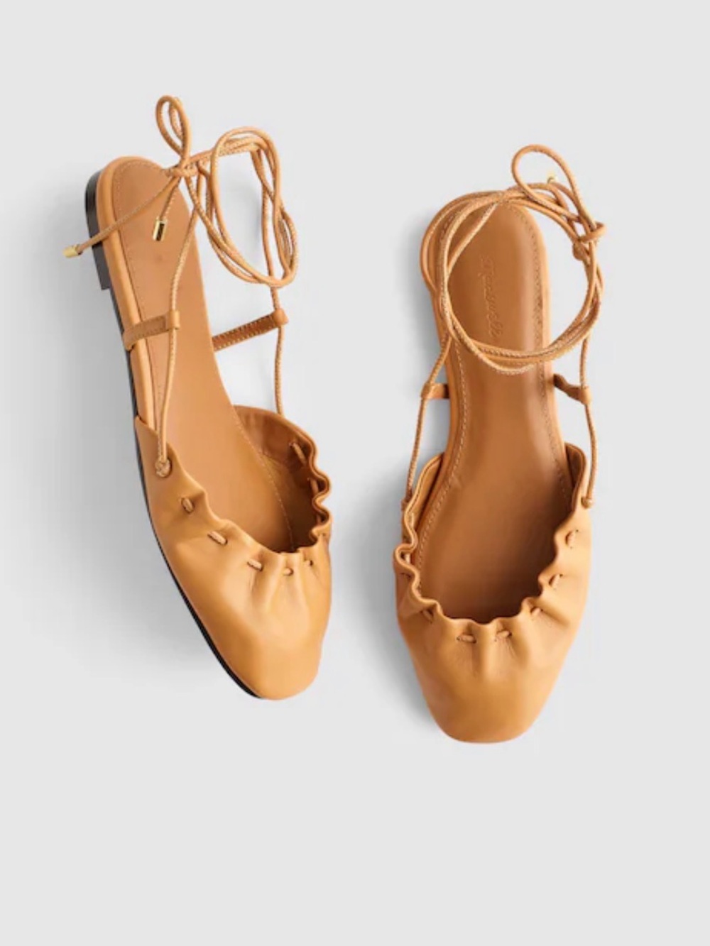 NWOT Madewell The Greta Ruched Ankle-Tie Flat in Leather Sz 9 $138